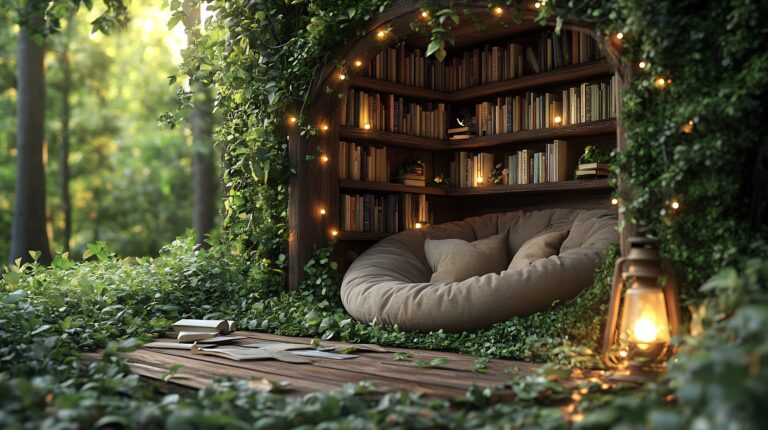 人類圖四階課程：森林中的溫馨書閣與繁盛書架，象徵精通 64 閘門與專業解圖邏輯的深度知識累積。